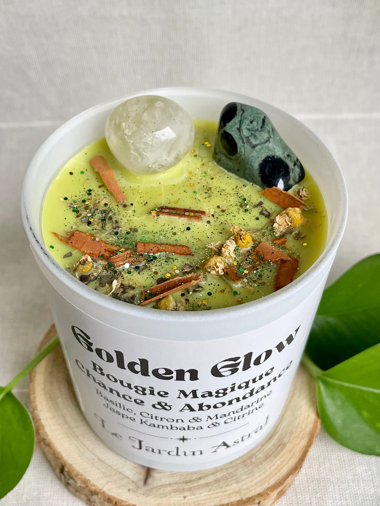 Bougie artisanale golden glow chance abondance prosperite basilic citron mandarine jaspe kambaba et citrine zoom