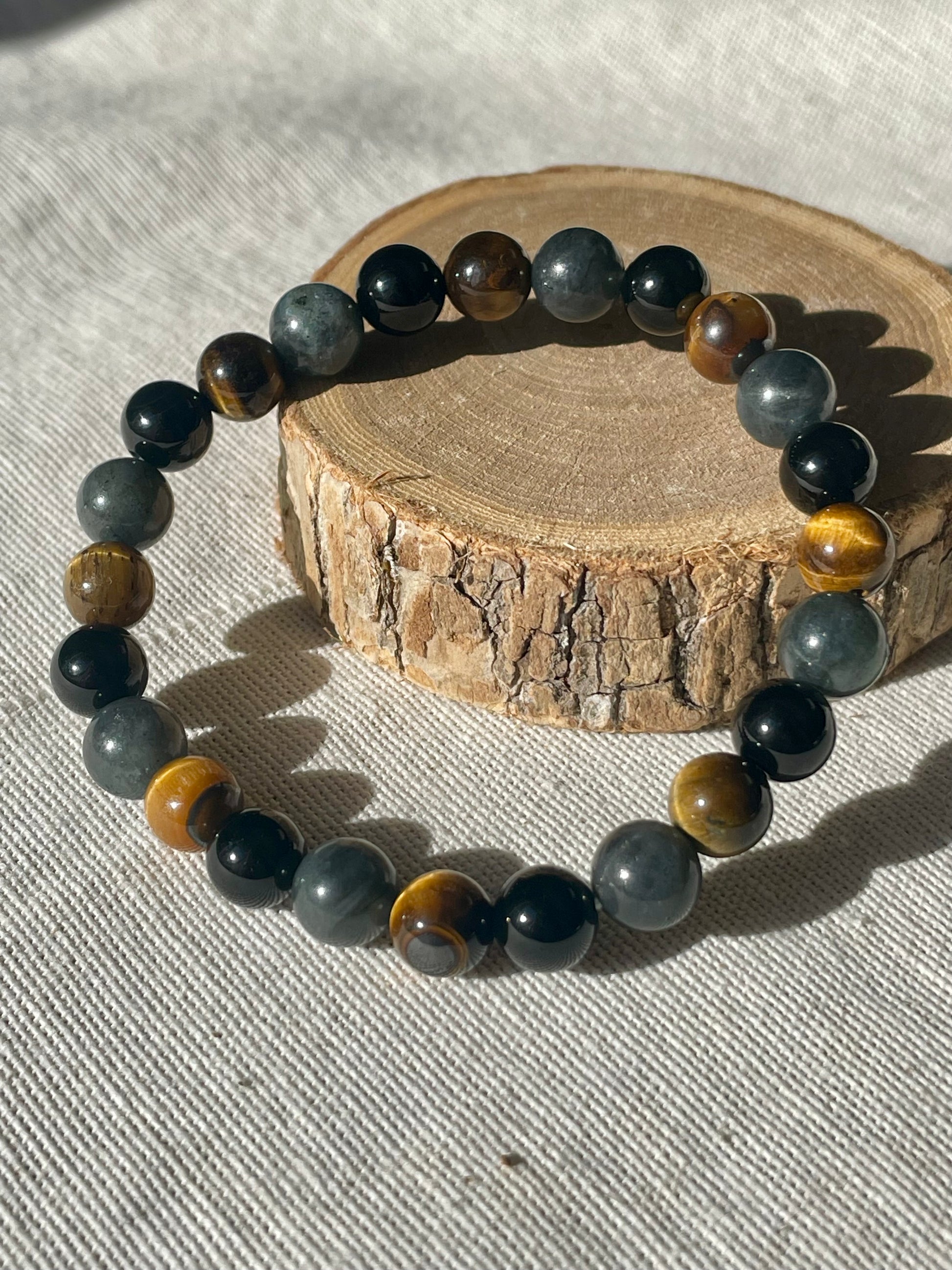 Bracelet 3 pierres : Labradorite - Onyx - Oeil de Tigre
