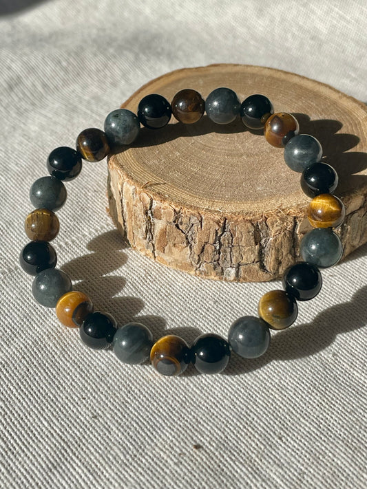 Bracelet 3 pierres : Labradorite - Onyx - Oeil de Tigre