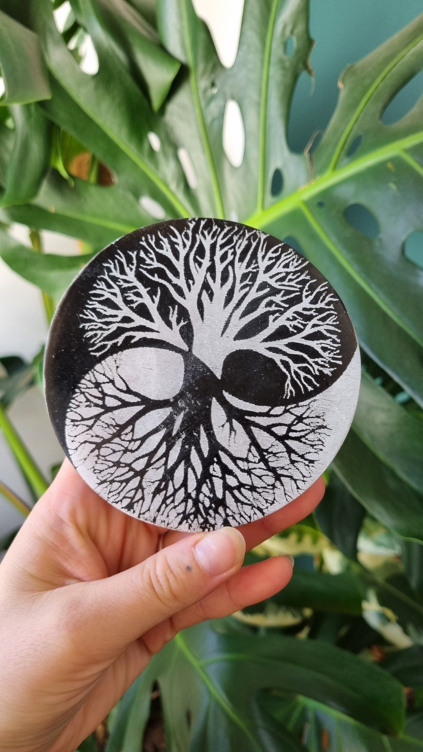 Plaque Sélénite Arbre de Vie Yin-Yang Rechargement Pierres noire