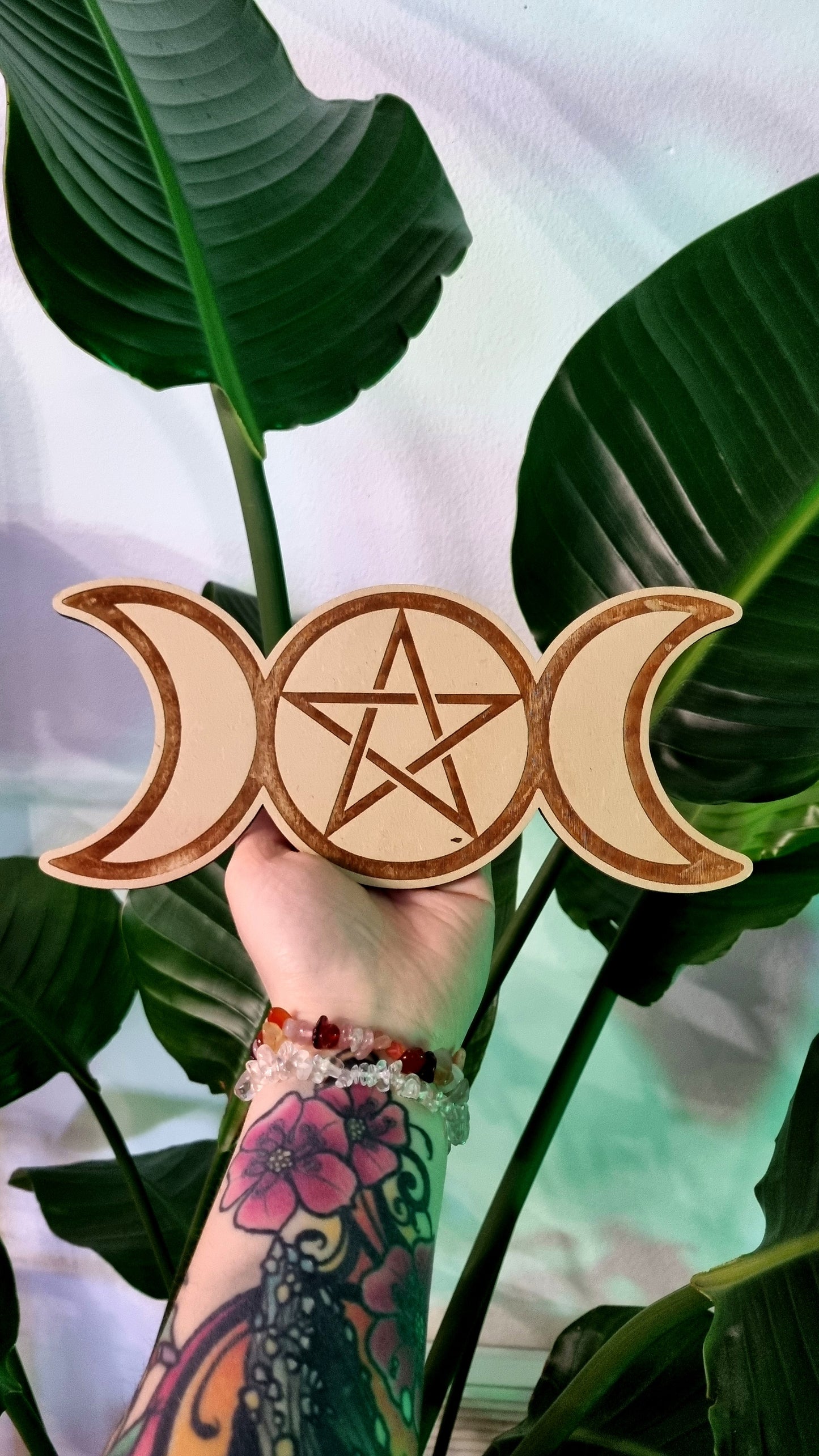 Triple Moon and Pentagram Wooden Plaque
