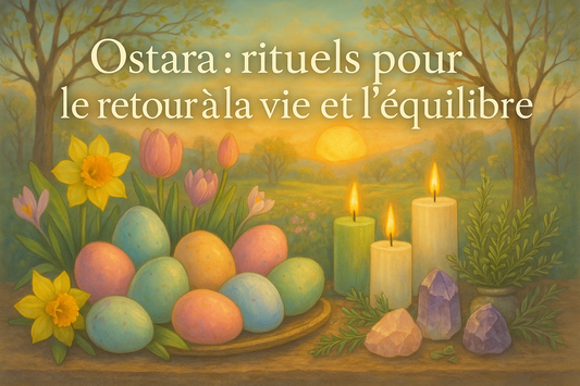 Autel Ostara avec pierres de lithothérapie, bougies et symboles du printemps