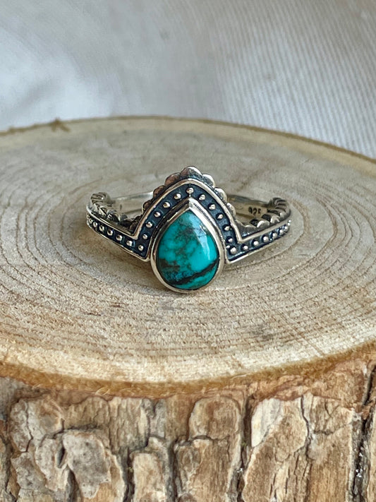 Bague en pierre naturelle de Turquoise du Tibet en argent 925