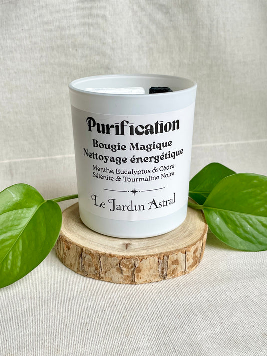 Bougie Artisanale de purification nettoyage energetique menthe eucalyptus et cedre selenite et tourmaline face
