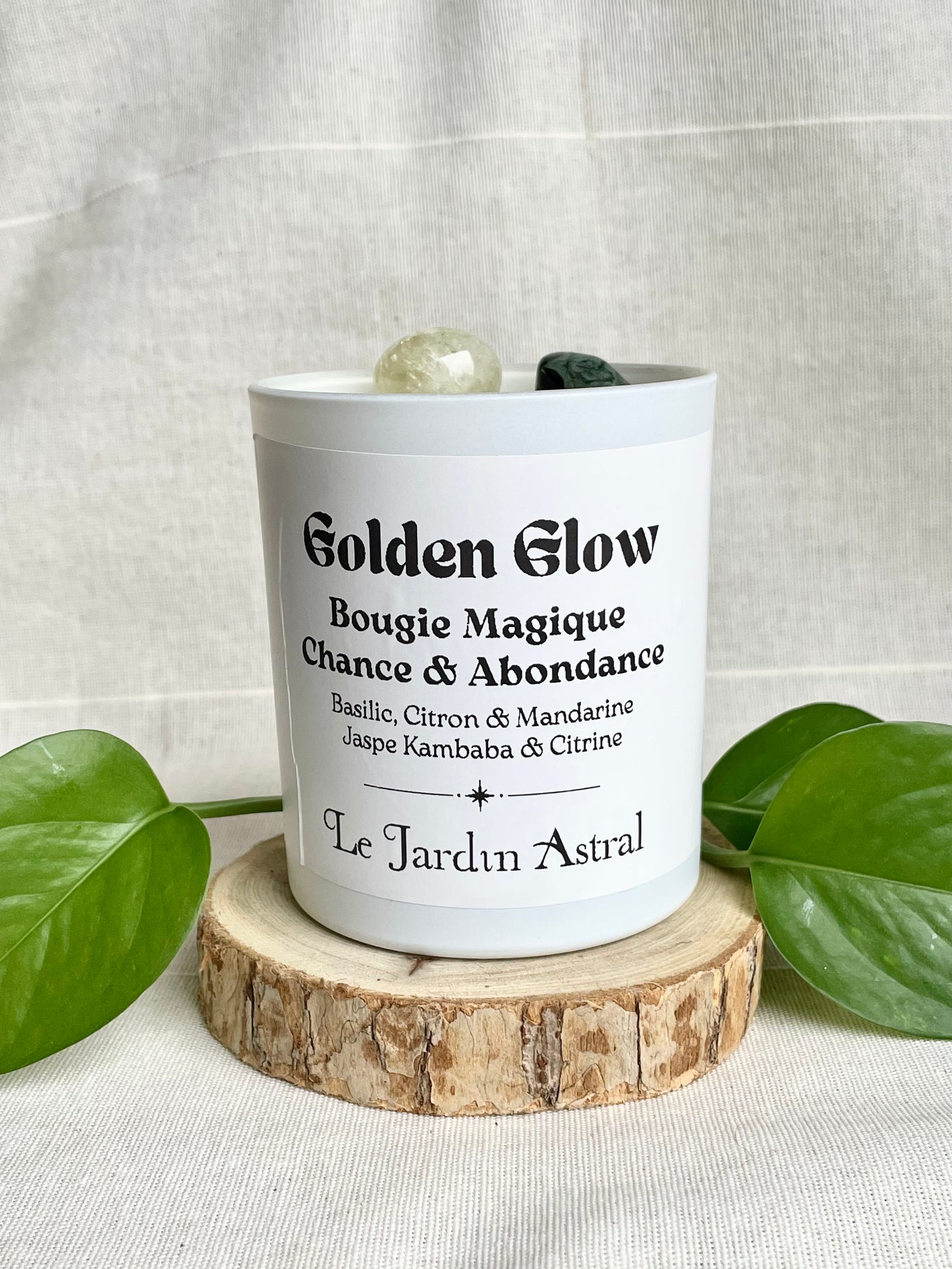 Bougie artisanale golden glow chance abondance prosperite basilic citron mandarine jaspe kambaba et citrine face
