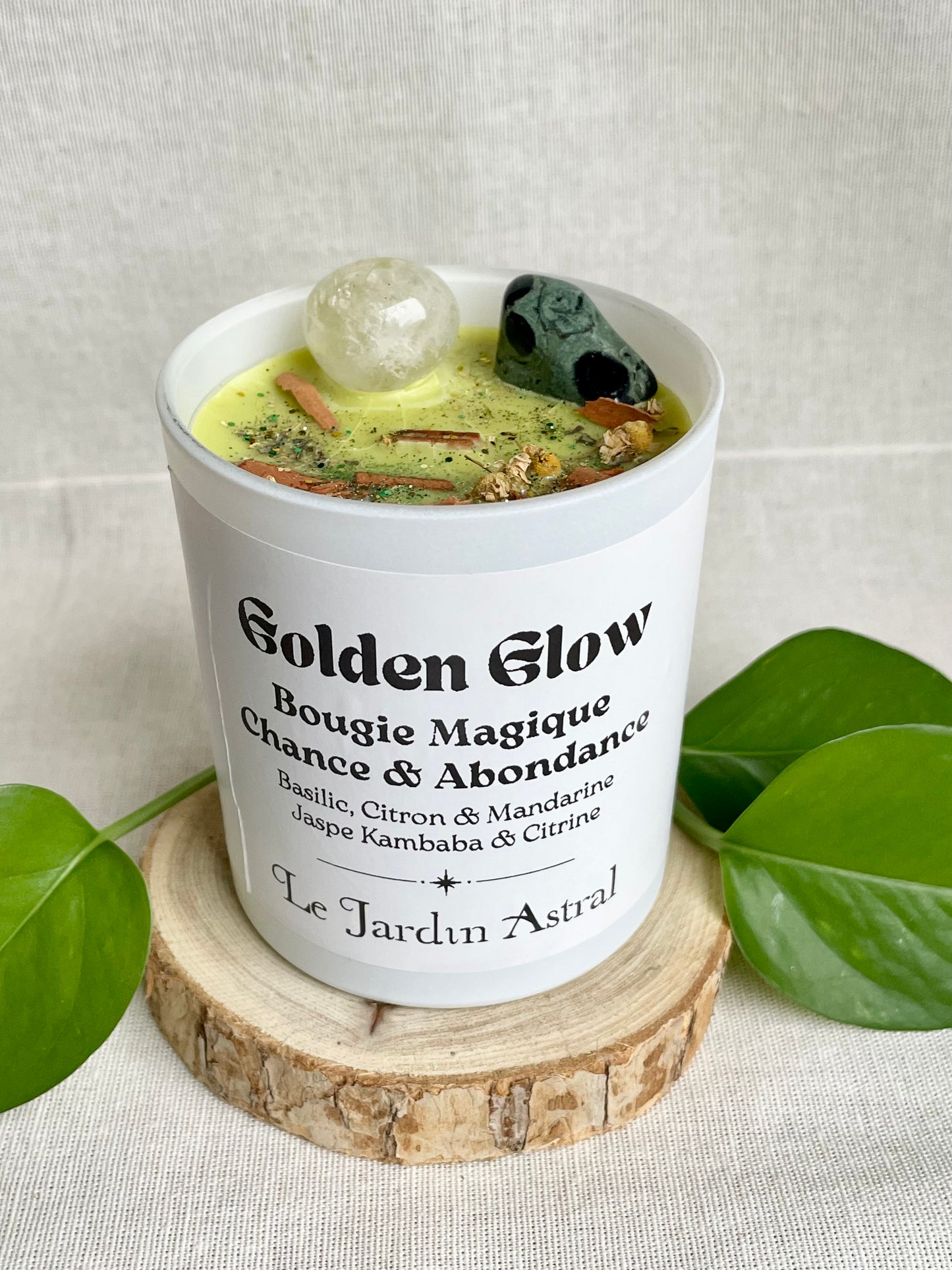 Bougie artisanale golden glow chance abondance prosperite basilic citron mandarine jaspe kambaba et citrine haut