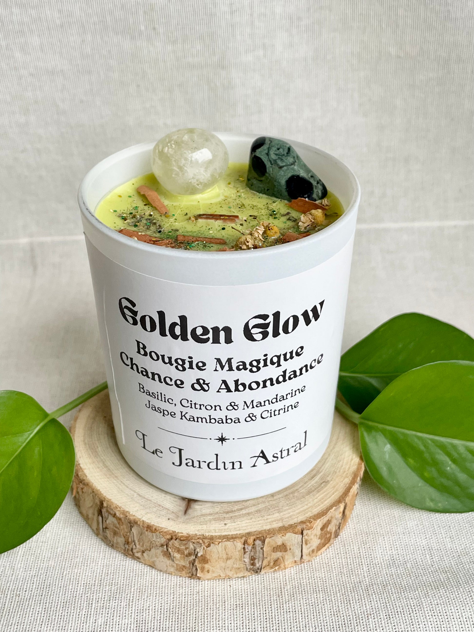 Bougie artisanale golden glow chance abondance prosperite basilic citron mandarine jaspe kambaba et citrine haut