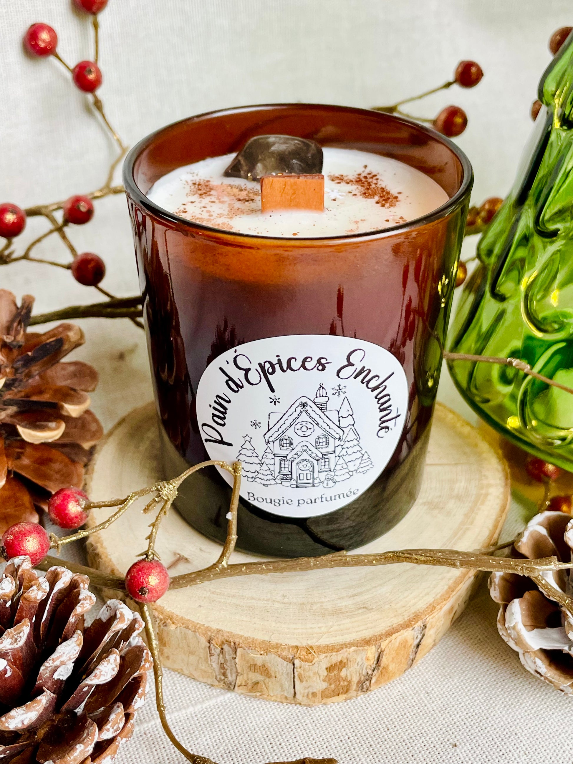  Bougie naturelle pain d'épice enchanté en cire végétale - quartz fumé