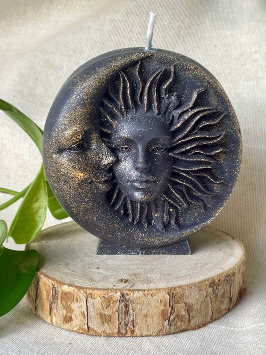 Bougie pilier cire paraffine Soleil Lune - vue principale décoration artisanale