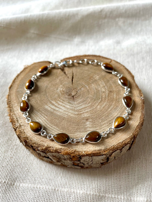 Bracelet en argent 925 avec gouttes d'oeil de tigre taille réglable 18 - 19 cm.