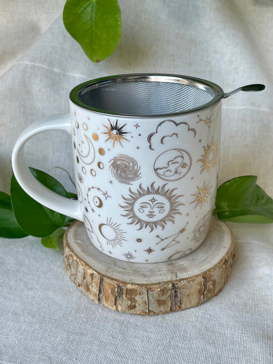 Mug avec infuseur Soleil et Lune 350ml - céramique blanche avec motifs dorés astrologiques