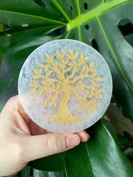 Plaque Sélénite Arbre de Vie Doré 10cm - Rechargement Cristaux