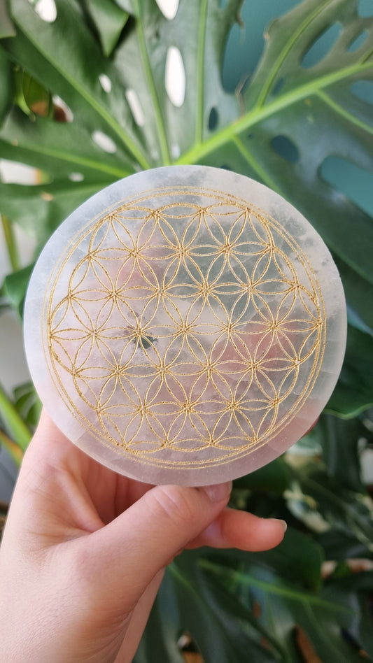 Plaque Sélénite Fleur de Vie Dorée - Rechargement Pierres