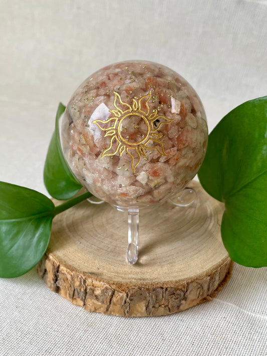 Sphère Orgonite Pierre de Soleil devant