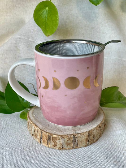 Tasse avec infuseur phases lunaires rose 350ml - vue principale montrant le design élégant et les motifs mystiques
