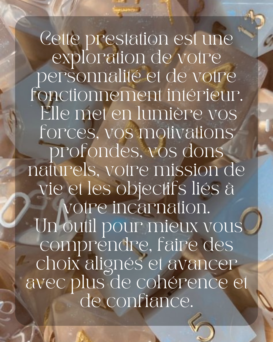 Cette prestation est une exploration de votre personnalité et de votre fonctionnement intérieur.
 Elle met en lumière vos forces, vos motivations profondes, vos dons naturels, votre mission de vie et les objectifs liés à votre incarnation.
 Un outil pour mieux vous comprendre, faire des choix alignés et avancer avec plus de cohérence et de confiance.