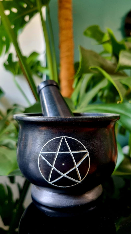 Soapstone mortar with pentacle